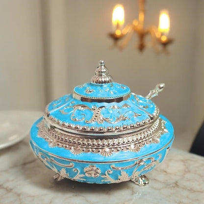 Enamel Sugar Pot / Candy Box / Dry Fruit Box With Lid - Sky Blue