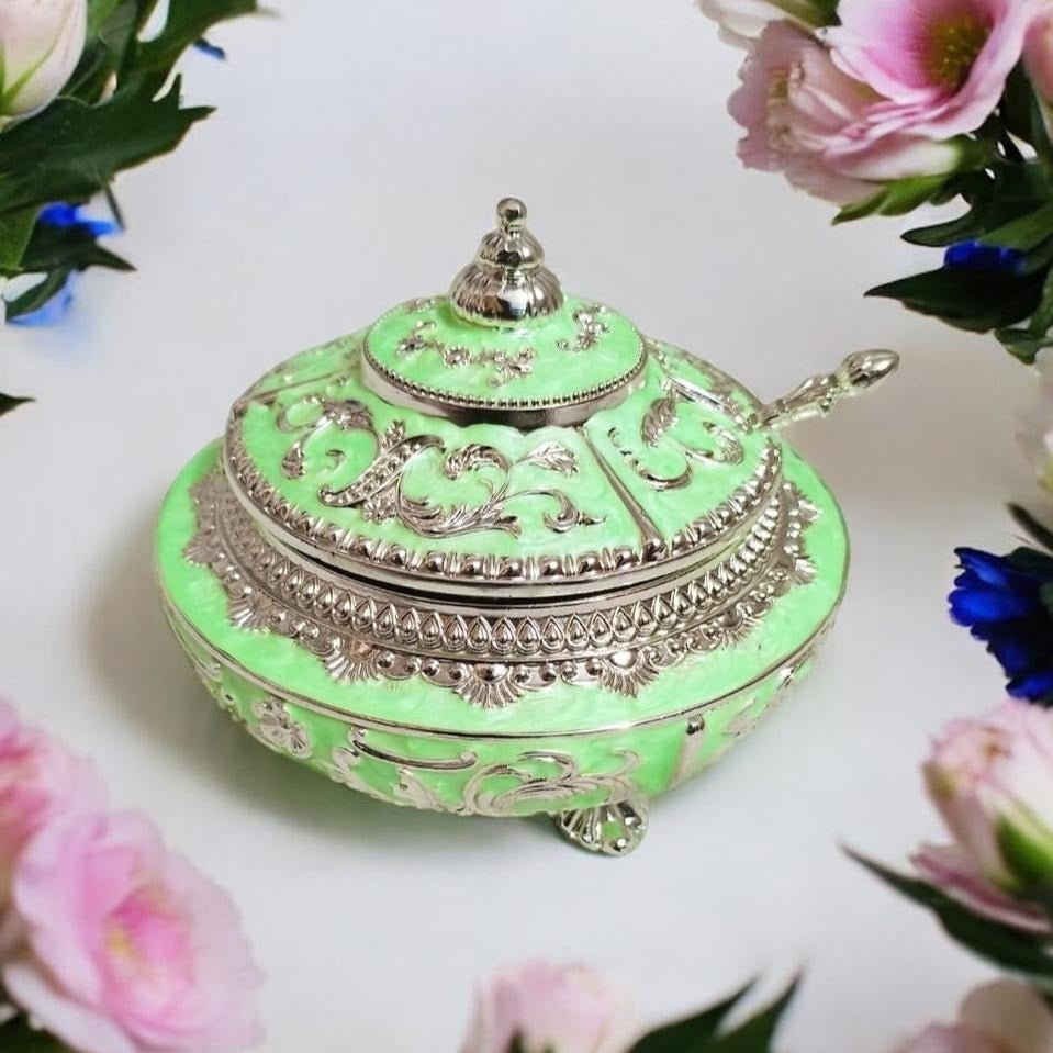 Enamel Sugar Pot / Candy Box / Dry Fruit Box With Lid - Green