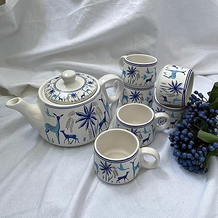 Ceramic Blue Deer Design Tea Cup Set With Kettle