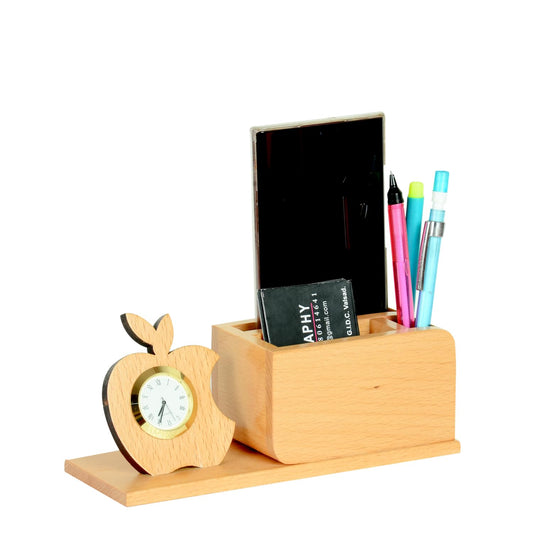 Wooden Pen Stand With Clock