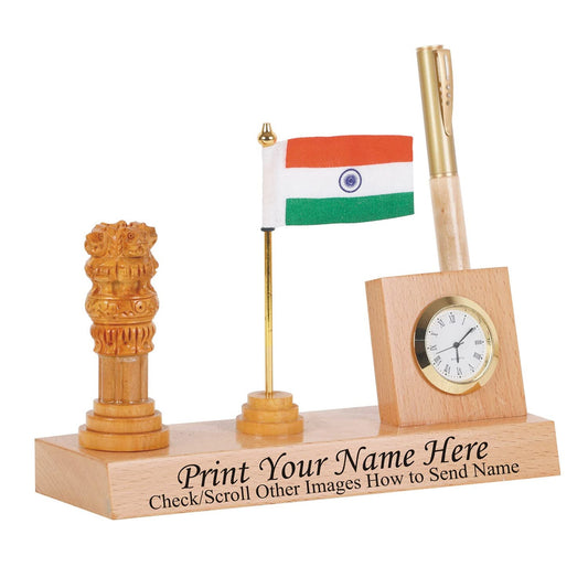 Wooden Pen Stand With Clock