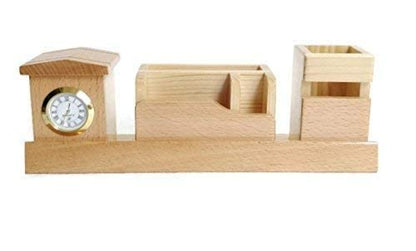 Wooden Desk Organizer with Clock, Card and Mobile Holder