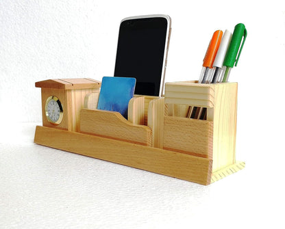 Wooden Desk Organizer with Clock, Card and Mobile Holder