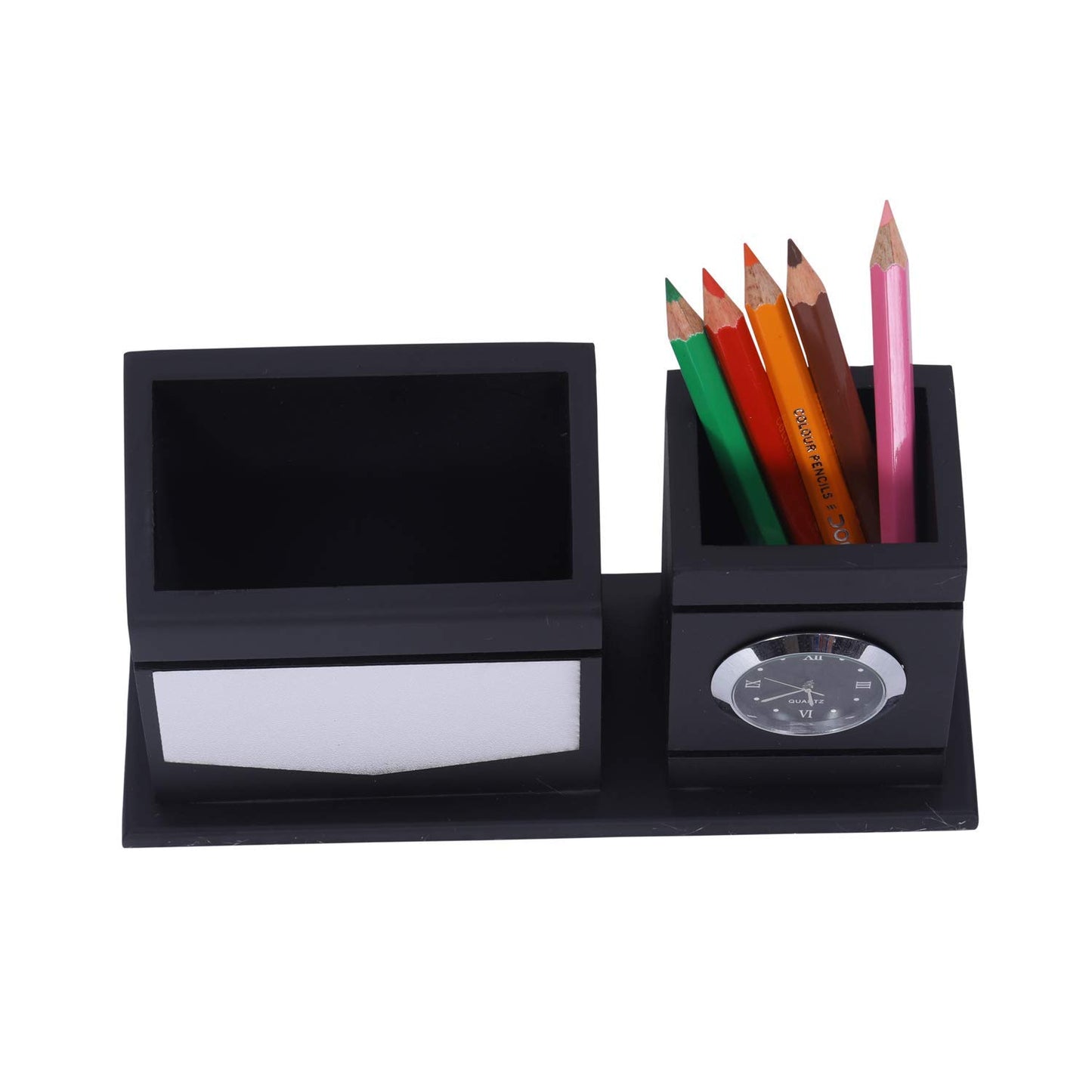 Black Wooden Desk Organizer with Clock, Pen Stand and Mobile Holder