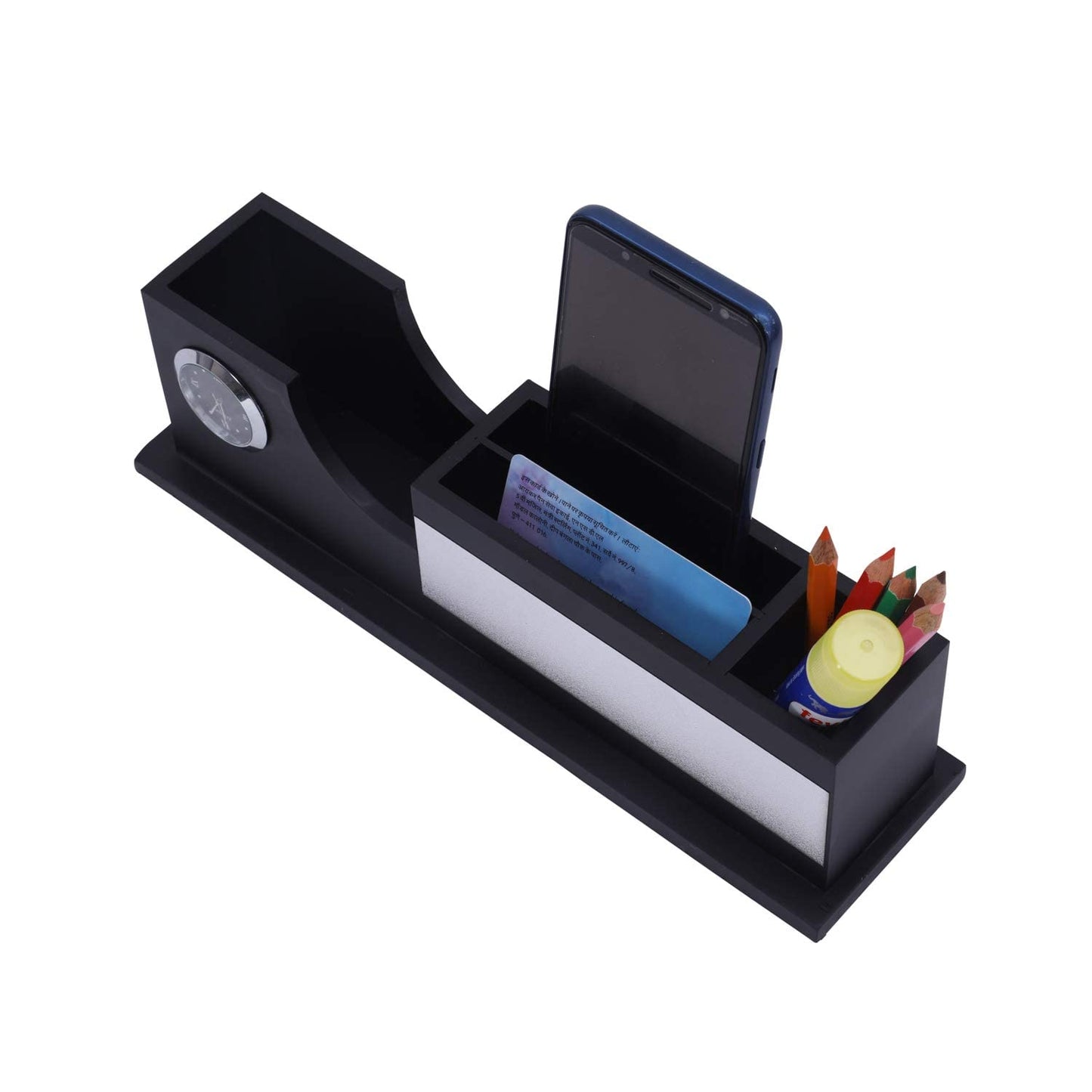 Black Wooden Desk Organizer with Clock, Card and Mobile Holder