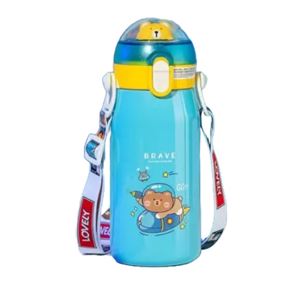 Stainless Steel Cartoon Print Water Bottle with Straw, Double Walled Vacuum Insulated - 530 ml