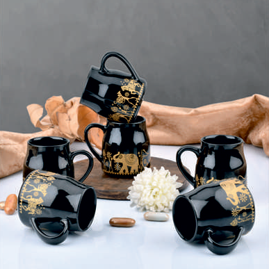 Exclusive Ceramic Rajasthani Printed Black Shine Flask Cane Tea Cup Set