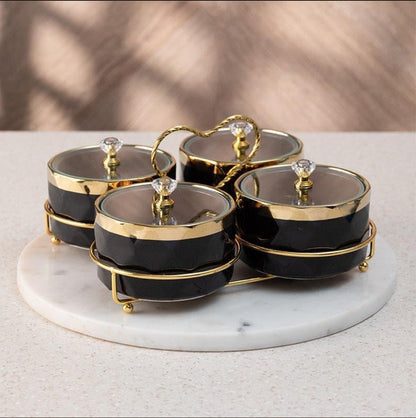 Golden Heart Jar With Stand (Black) - Set of Four