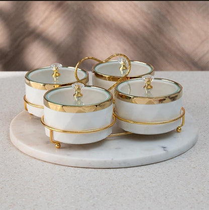 Golden Heart Jar With Stand (White) - Set of Four