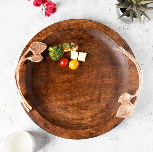 Wooden Round Platter/Serving Tray With Golden Floral Handle