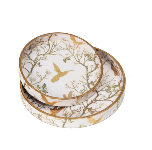 MDF Wood Round Gold Birds Serving Trays (Set of 2)