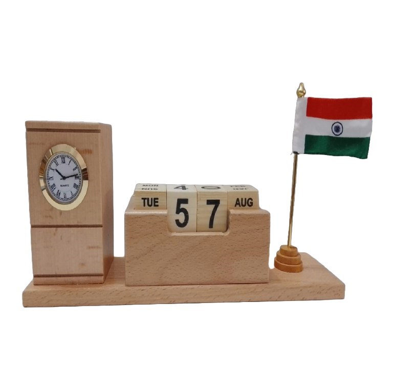 Personalized Wooden Desk Organizer with Clock, Pen Stand, Calendar Blocks  and Indian Flag for Home & Office