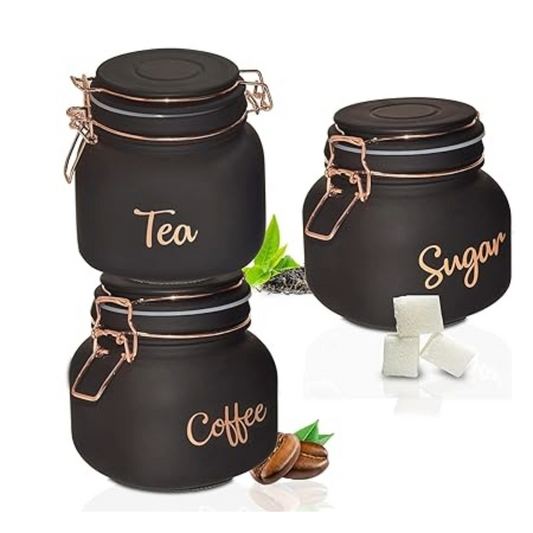 Airtight Glass Tea Coffee Sugar Containers - Black - (Set of 3)