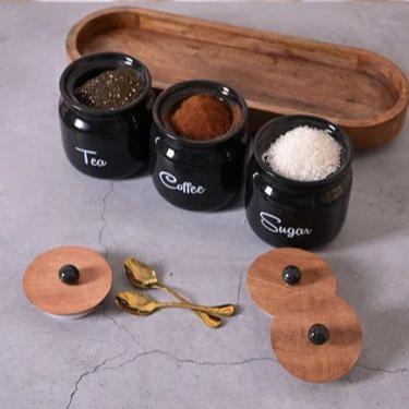 Black Diamond Matka Tea, Coffee, Sugar Solid Ceramic Containers