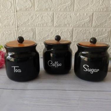 Black Diamond Matka Tea, Coffee, Sugar Solid Ceramic Containers