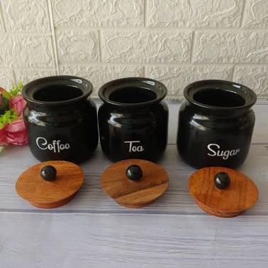 Black Diamond Matka Tea, Coffee, Sugar Solid Ceramic Containers