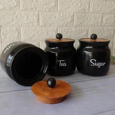 Black Diamond Matka Tea, Coffee, Sugar Solid Ceramic Containers